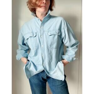 Vintage 80s Womens Light Wash Denim Shirt Cotton Button Down Classic Minimalist